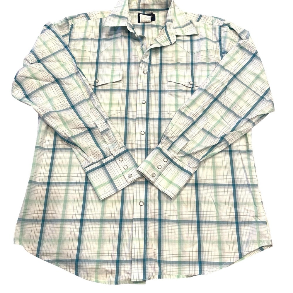 Wrangler Pearl Snap‎ Shirt Mens Large Blue Long Sleeve Western Rodeo Cowboy